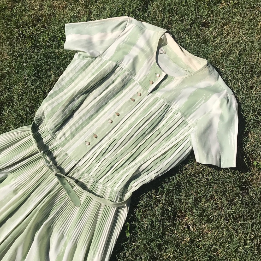 Vintage 1950s Striped Green Dress L / XL
